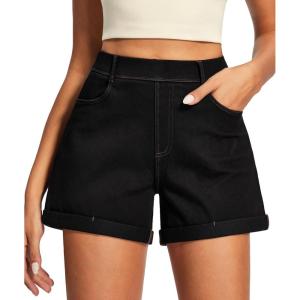 IUGA Stretchy Jorts Women Pull On Jean Shorts Womens High Waisted Folded Hem Denim Shorts Summer Casual with Pockets(Black)