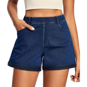 IUGA Stretchy Jorts Women Pull On Jean Shorts Womens High Waisted Folded Hem Denim Shorts Summer Casual with Pockets(Light Blue)