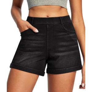 IUGA Stretchy Jorts Women Pull On Jean Shorts Womens High Waisted Folded Hem Denim Shorts Summer Casual with Pockets(Whiskers Black)