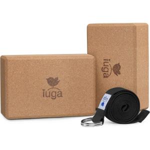 IUGA Yoga Blocks 2 Pack With Strap Non Slip High Density 9″x6″x3″ Solid & Cork Yoga Block With Yoga Strap to Improve Strength Balance for Yoga Pilates Meditation(EVA CORK)