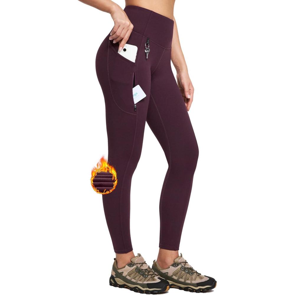 imageIUGA Fleece Lined Leggings Women Water Resistant Thermal Leggings Winter High Waist Hiking Pants with Pockets