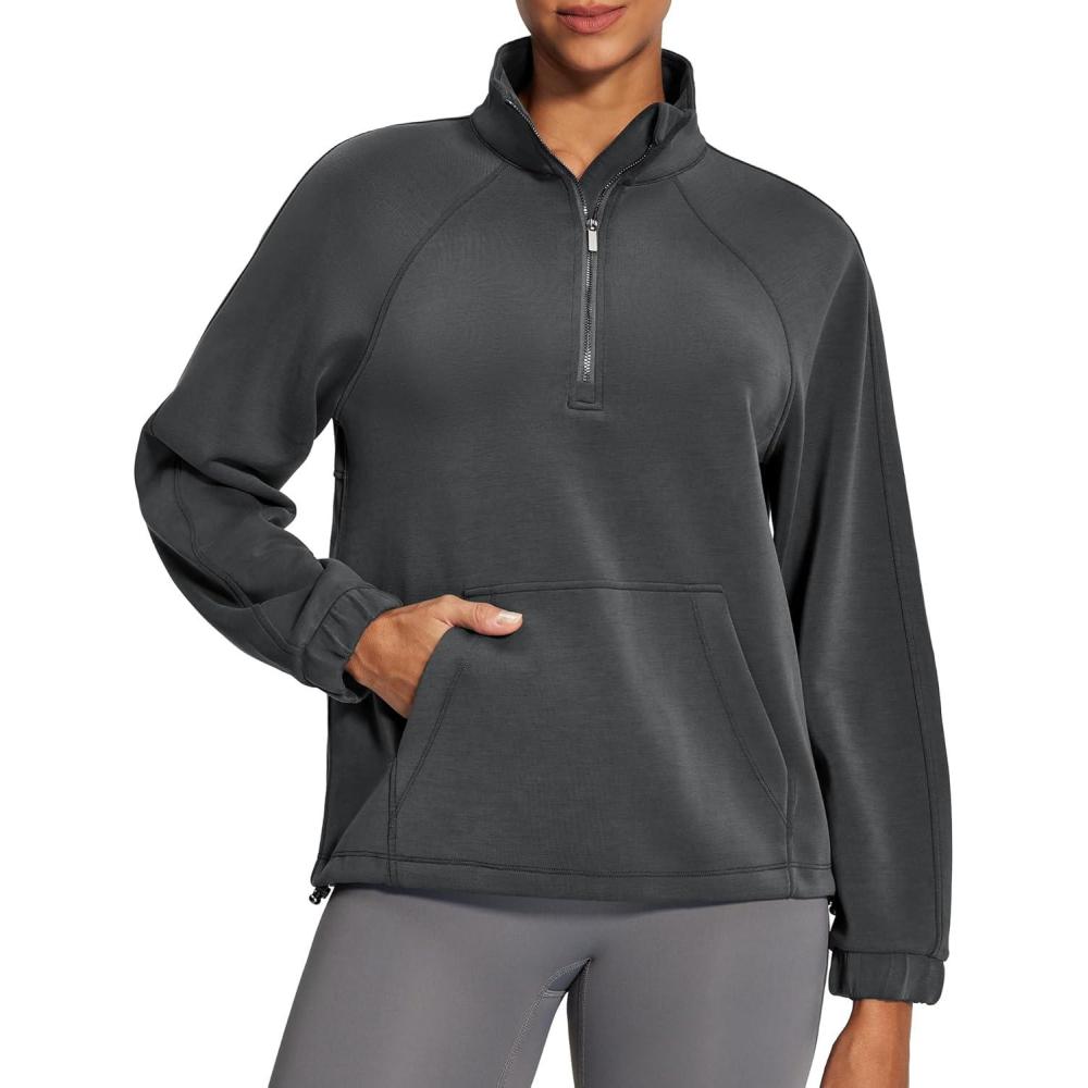 imageIUGA Soft Quarter Zip Pullover Cropped Sweatshirts for Women Half Zip Pullover Drawstring Hem with PocketsSolar Grey