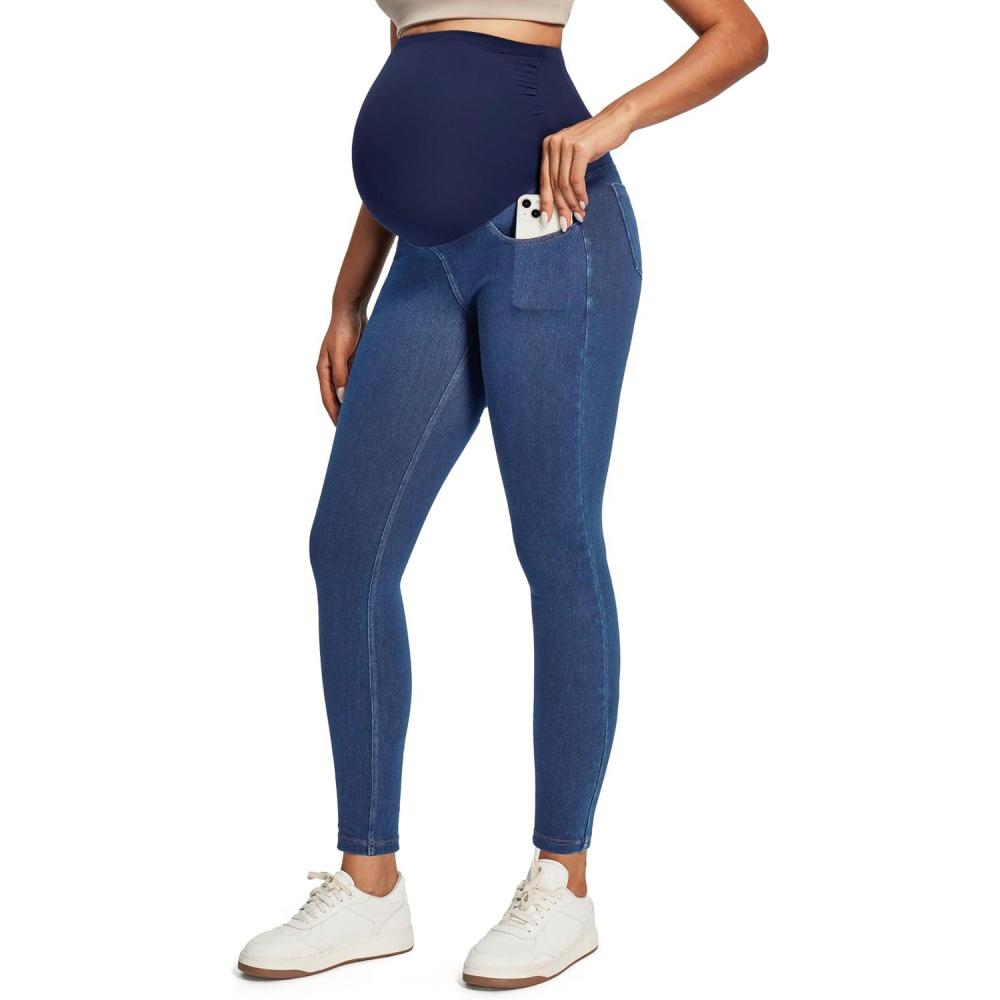 imageIUGA Stretchy Maternity Jeans Over Belly Skinny High Waisted Jeggings for Women Comfy Maternity Pants for Work with PocketsStormy Blue