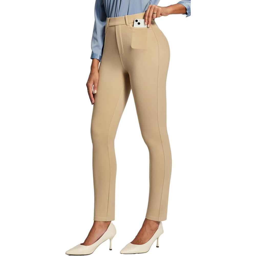 imageIUGA Stretchy Work Pants Women Pull On Skinny Dress Pants Women Slim Fit Office Teacher Business Casual Outfits with PocketsKhaki