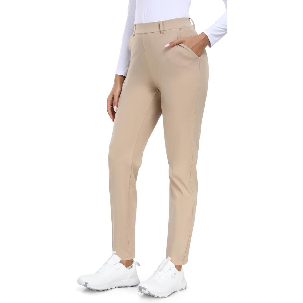 imageIUGA Stretchy Work Pants for Women 78 Ankle Golf Pants Pull On Business Casual Travel Dress Pants with Pockets Khaki