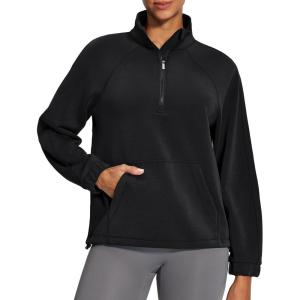 IUGA Soft Quarter Zip Pullover Cropped Sweatshirts for Women Half Zip Pullover Drawstring Hem with Pockets(Black)