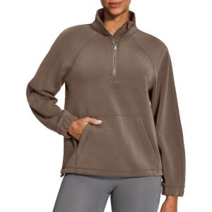IUGA Soft Quarter Zip Pullover Cropped Sweatshirts for Women Half Zip Pullover Drawstring Hem with Pockets(Brown Coffee)