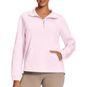 IUGA Soft Quarter Zip Pullover Cropped Sweatshirts for Women Half Zip Pullover Drawstring Hem with Pockets(Pink)