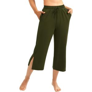 IUGA Wide Leg Capri Pants for Women Drawstring Capris Sweatpants Split Hem Lounge Workout Yoga Pants with Pockets(Dark Green)