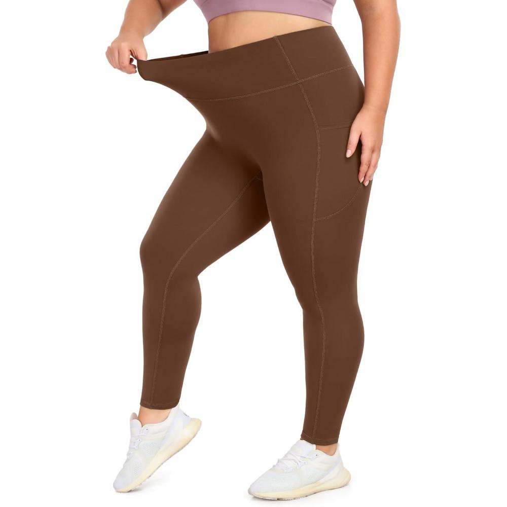 imageIUGA Buttery Soft Plus Size Leggings for Women No Front Seam Leggings with Pockets for Women Tummy Control Yoga Pants 3X 4X Chestnut