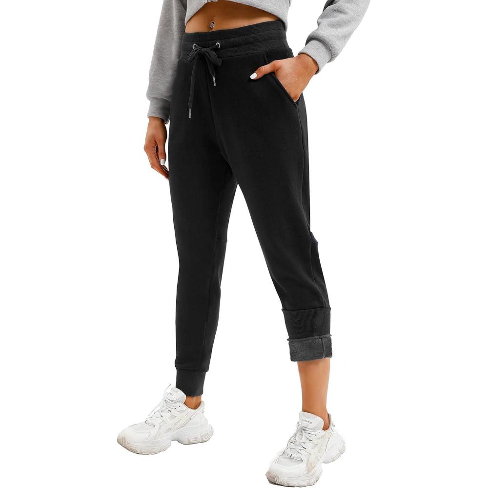 imageIUGA Fleece Lined Sweatpants Women Joggers with Pockets High Waisted Sherpa Winter Pants for Women WarmBlack