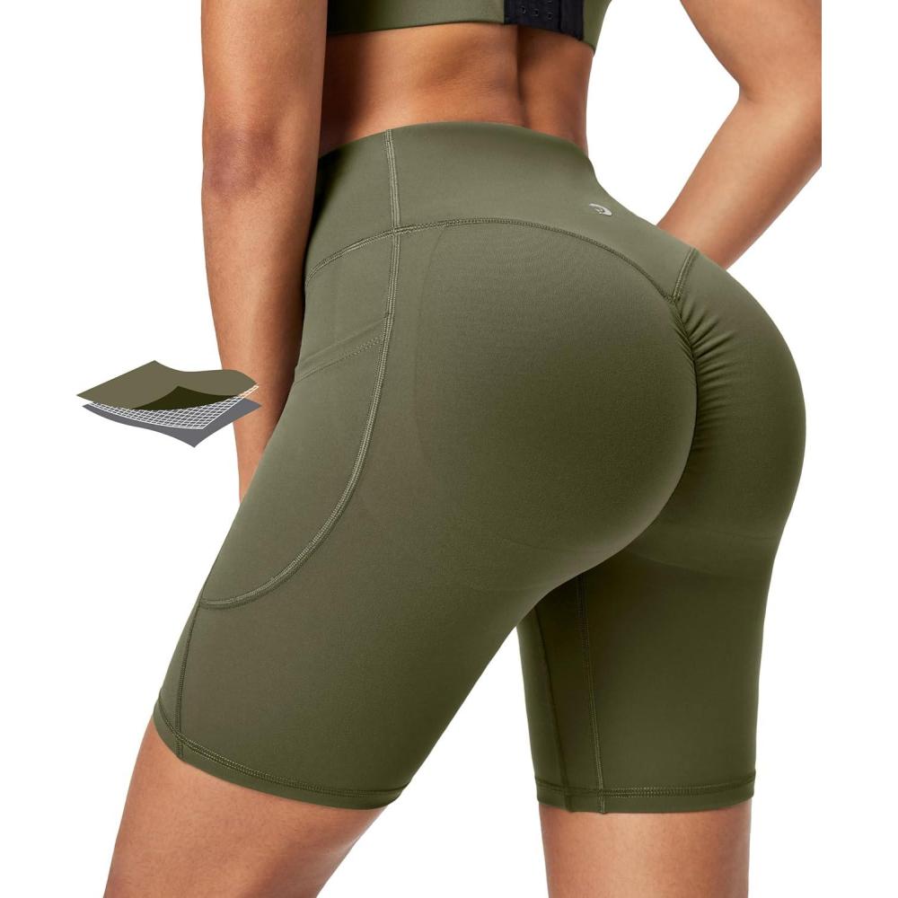 imageIUGA Gym Shorts Women Scrunch Butt Lifting Tummy Control Biker Shorts with Pockets High Waist Yoga Booty Workout Running 6quotGrass Grey Green