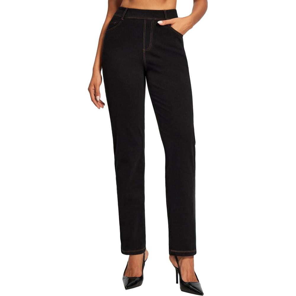 imageIUGA Straight Leg Jeans for Women Pull On Stretchy Jeans for Women Bootcut Womens Jeans High Waisted Casual Denim PantsBlack