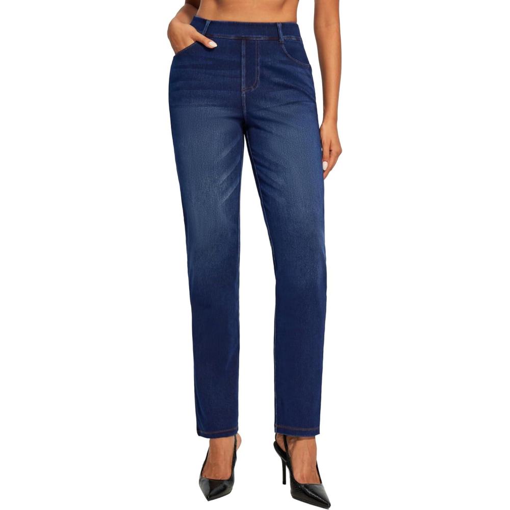 imageIUGA Straight Leg Jeans for Women Pull On Stretchy Jeans for Women Bootcut Womens Jeans High Waisted Casual Denim PantsWhiskers Dark Wash