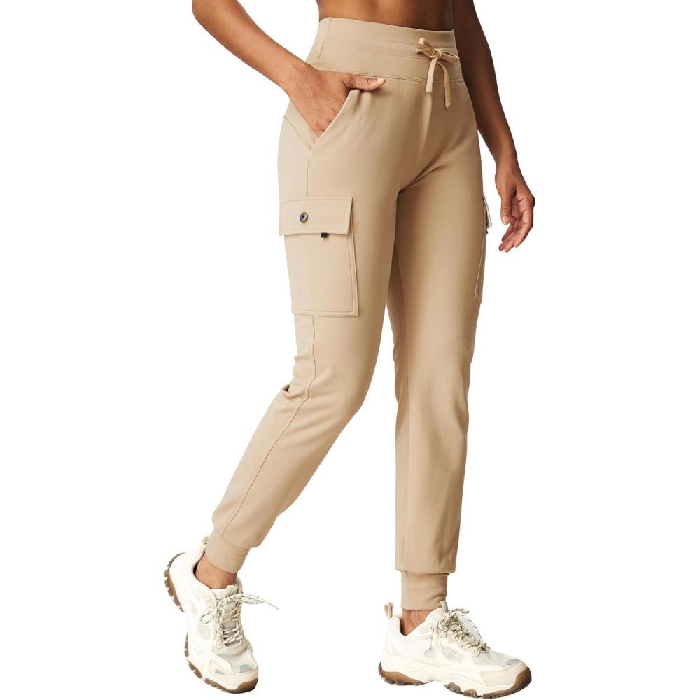 imageIUGA Womens Fleece Lined Pants Water Resistant Hiking Joggers High Waist Thermal Cargo Sweatpants for WomenKhaki
