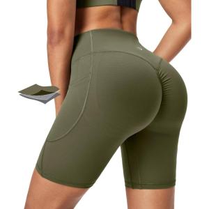 IUGA Gym Shorts Women Scrunch Butt Lifting Tummy Control Biker Shorts with Pockets High Waist Yoga Booty Workout Running 6″(Grass Grey Green)
