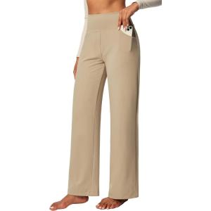 IUGA Wide Leg Yoga Dress Pants for Women with Pockets Stretch Work Pants Women High Waisted Business Casual Trousers Slacks(Khaki)