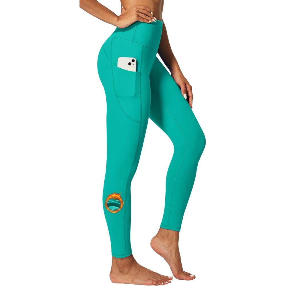 imageIUGA Fleece Lined Leggings Women Thermal Leggings for Women Winter Warm Tights High Waisted Hiking Yoga Pants with PocketsAqua Green