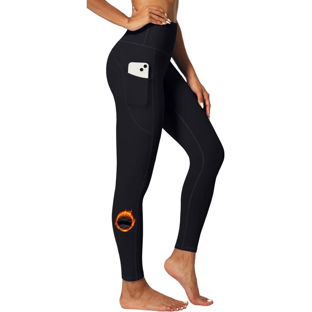 imageIUGA Fleece Lined Leggings Women Thermal Leggings for Women Winter Warm Tights High Waisted Hiking Yoga Pants with PocketsBlack
