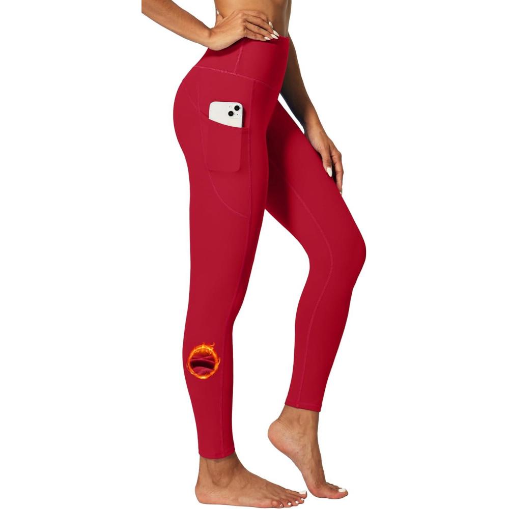 imageIUGA Fleece Lined Leggings Women Thermal Leggings for Women Winter Warm Tights High Waisted Hiking Yoga Pants with PocketsBright Red