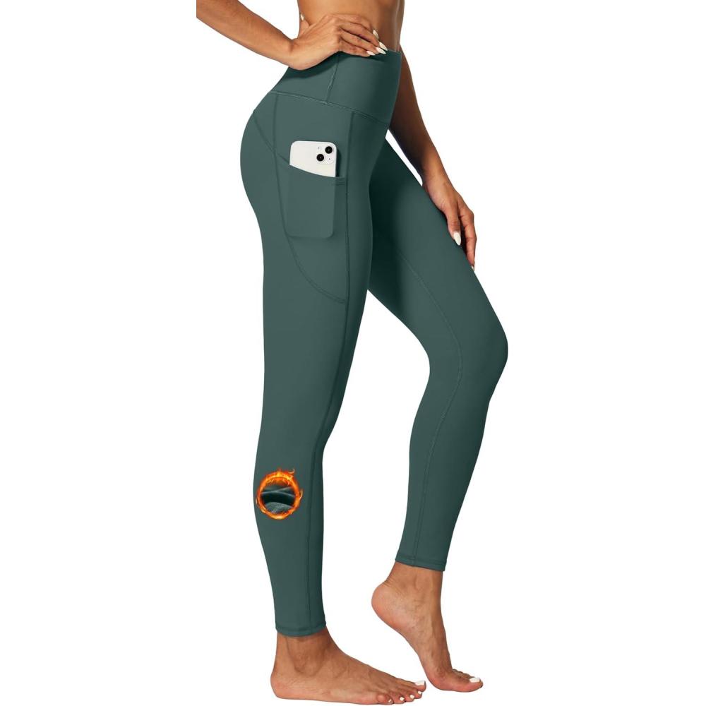 imageIUGA Fleece Lined Leggings Women Thermal Leggings for Women Winter Warm Tights High Waisted Hiking Yoga Pants with PocketsDark Green