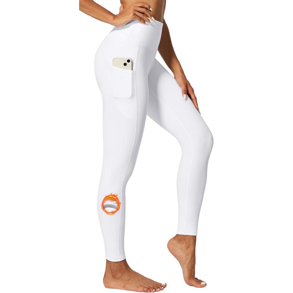 imageIUGA Fleece Lined Leggings Women Thermal Leggings for Women Winter Warm Tights High Waisted Hiking Yoga Pants with PocketsIvory