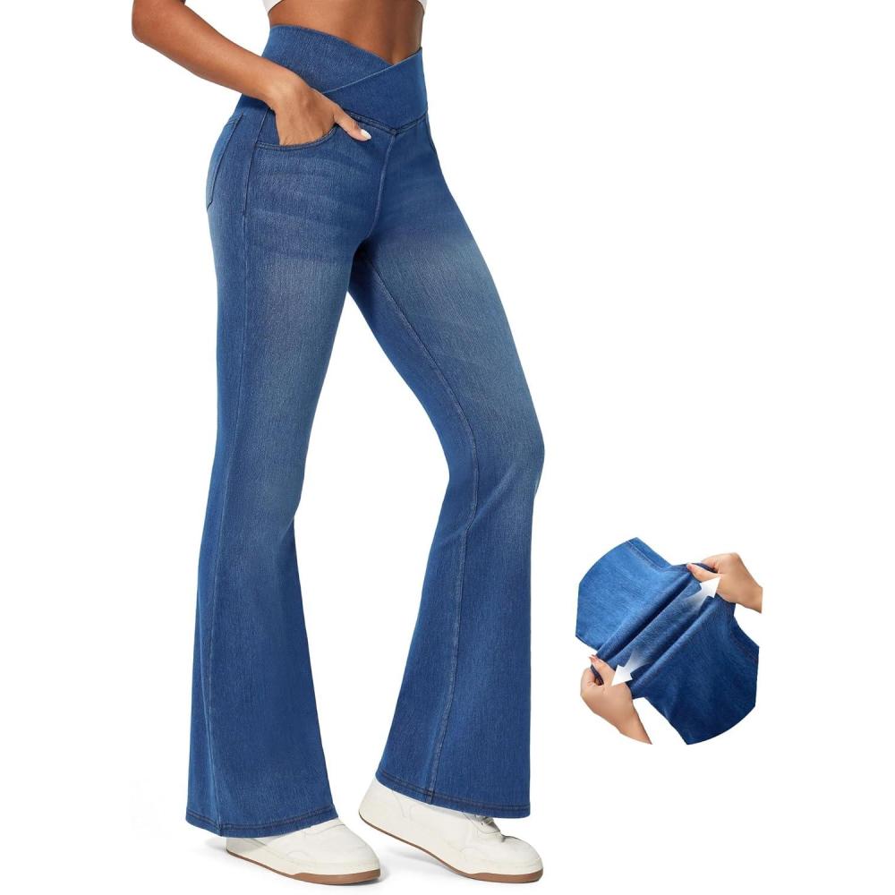 imageIUGA High Waisted Bell Bottom Jeans for Women Flare Stretchy Jeans Pull On Wide Leg Jean Woman V Cross Flare Leggings PantsWhiskers Medium Wash