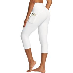 IUGA High Waisted Yoga Pants for Women with Pockets Capri Leggings for Women Workout Leggings for Women Yoga Capris(White)