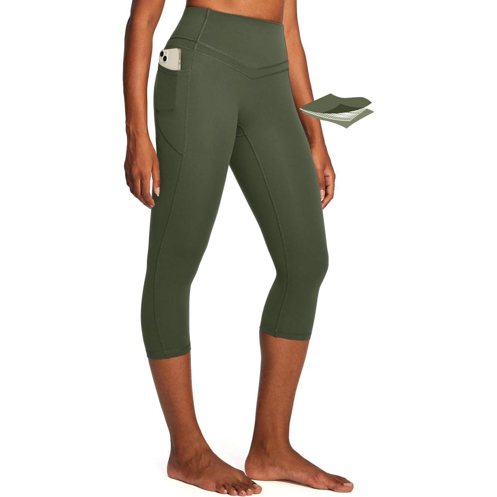 imageIUGA Capri Leggings for Women Tummy Control Compression Leggings Workout High Waist Athletic Yoga Pants with PocketsGrass Grey Green