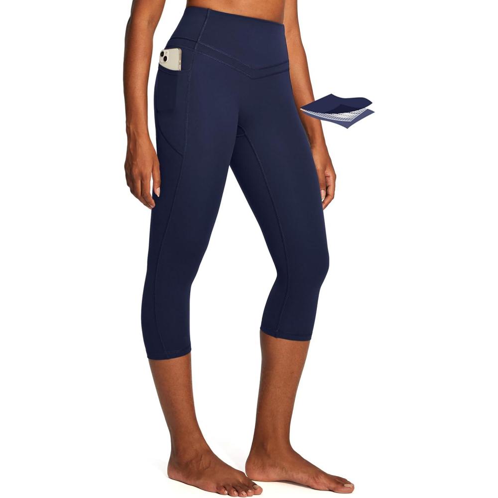 imageIUGA Capri Leggings for Women Tummy Control Compression Leggings Workout High Waist Athletic Yoga Pants with PocketsNavy
