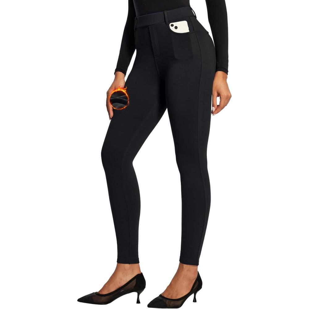 imageIUGA Fleece Lined Leggings for Work Pull on Thermal Dress Pants Skinny Warm High Waisted Stretchy Work Pants for Women WinterBlack