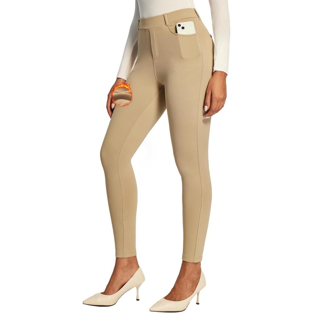 imageIUGA Fleece Lined Leggings for Work Pull on Thermal Dress Pants Skinny Warm High Waisted Stretchy Work Pants for Women WinterKhaki