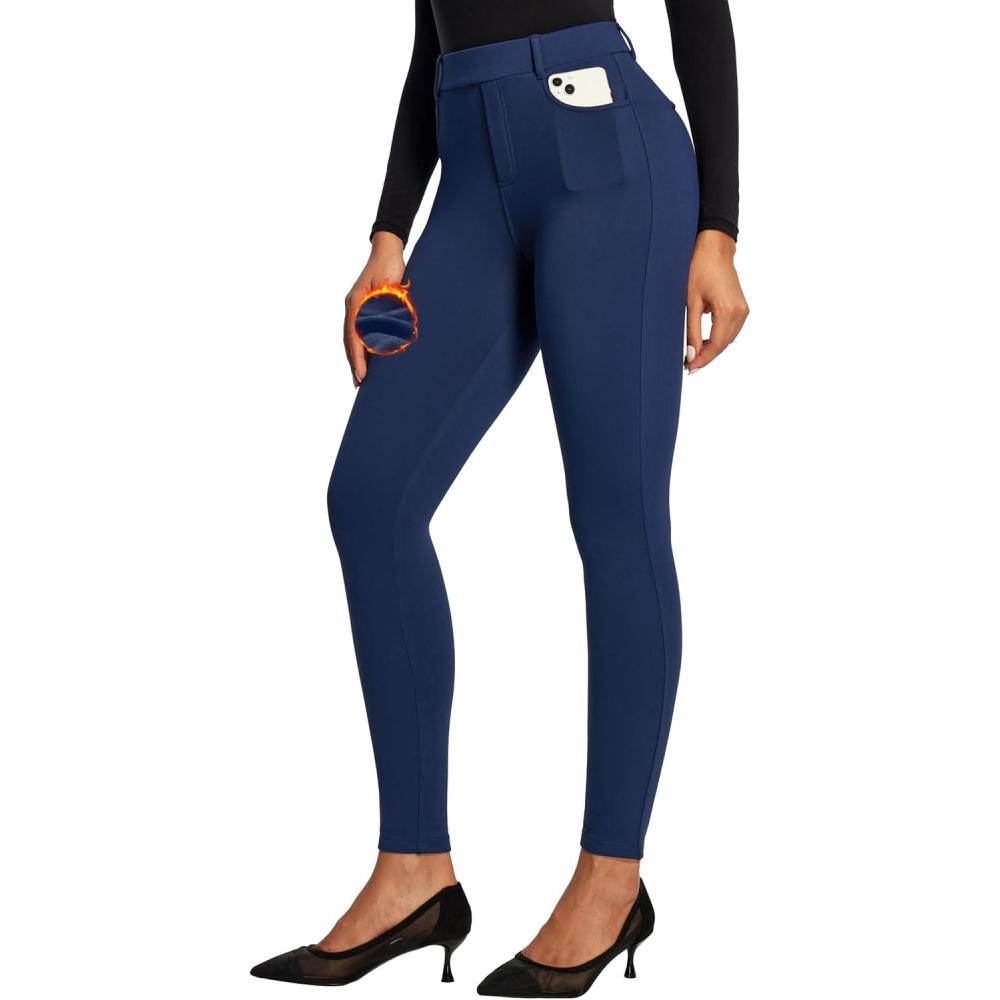 imageIUGA Fleece Lined Leggings for Work Pull on Thermal Dress Pants Skinny Warm High Waisted Stretchy Work Pants for Women WinterNavy Blue