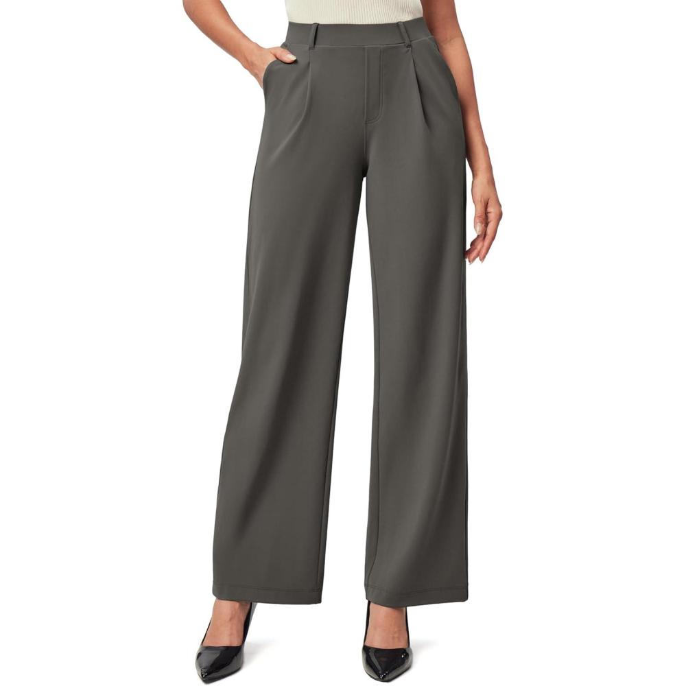 image:imageIUGA Womens Dress Pants Wide Leg Pull On Stretchy Work Pants Women High Waisted Business Casual Trousers with PocketsCharcoal