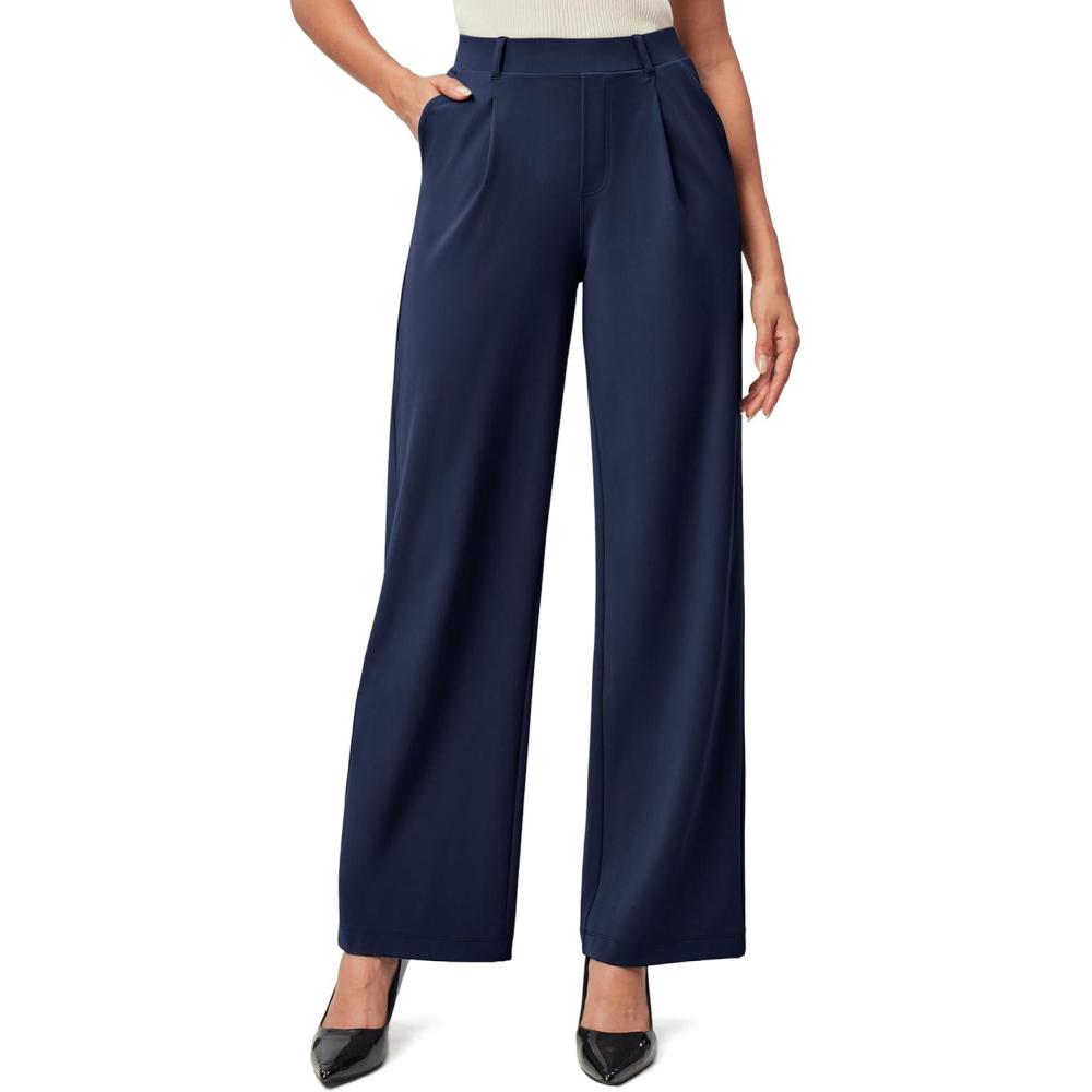 image:imageIUGA Womens Dress Pants Wide Leg Pull On Stretchy Work Pants Women High Waisted Business Casual Trousers with PocketsMidnight Blue Petite