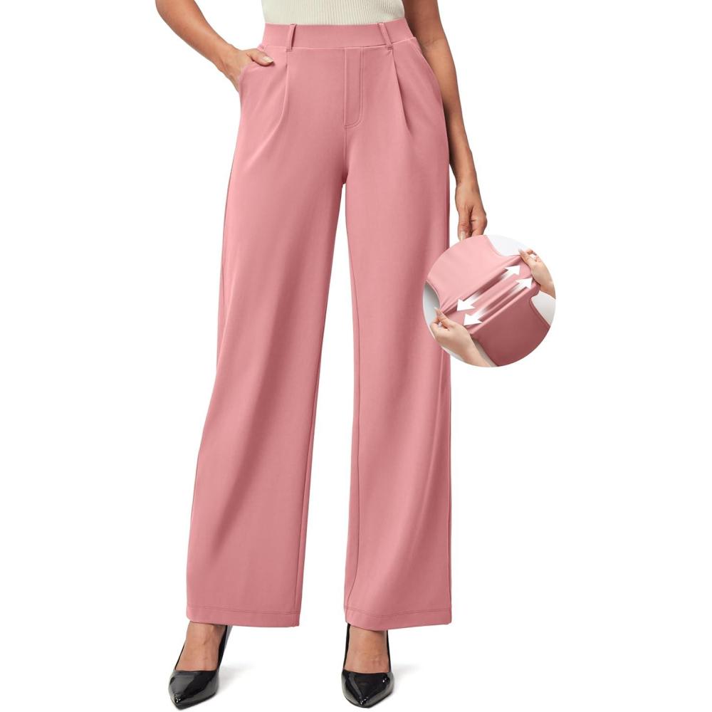 image:imageIUGA Womens Dress Pants Wide Leg Pull On Stretchy Work Pants Women High Waisted Business Casual Trousers with PocketsPink