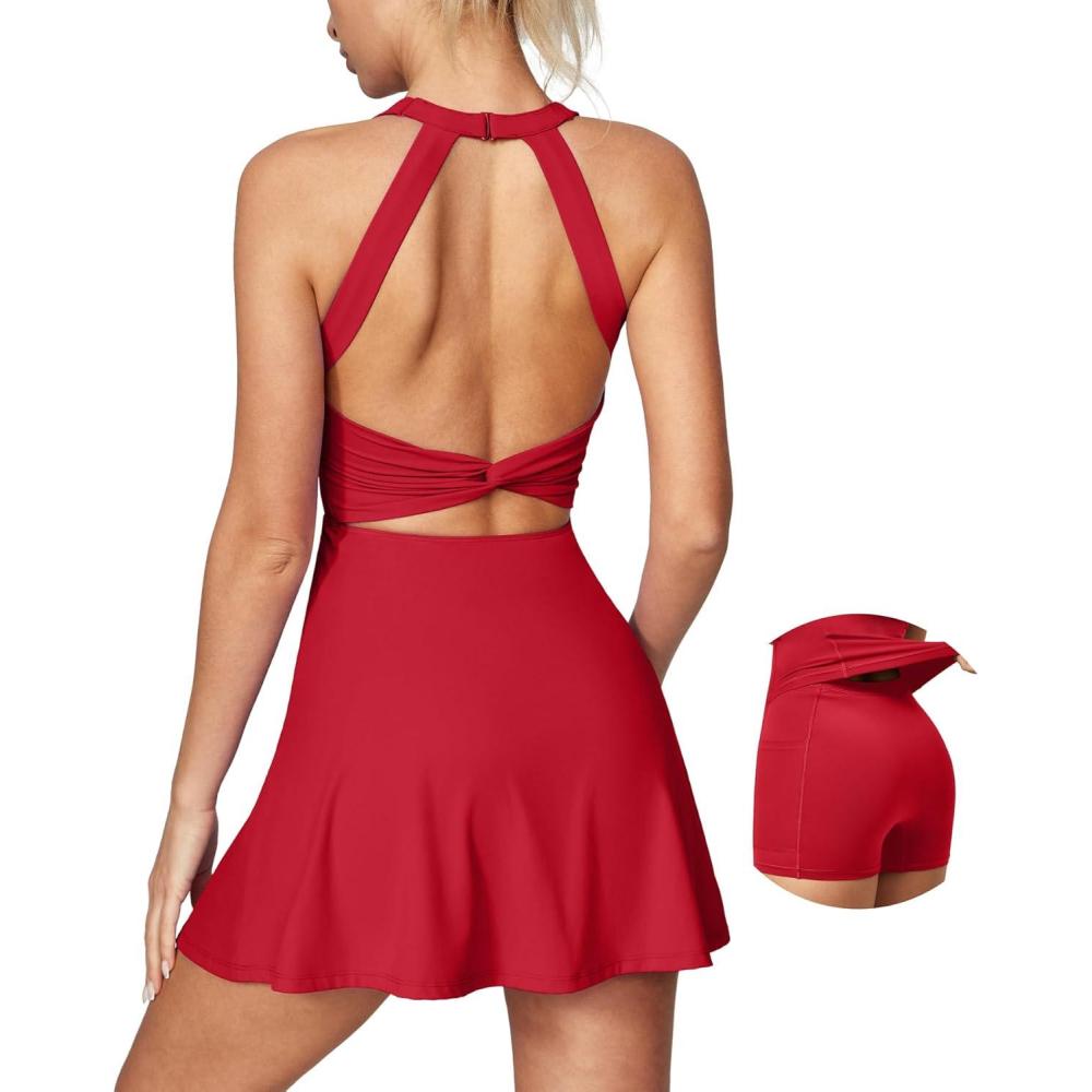 image:imageIUGA Women Tennis Dress with Built in Shorts amp Bra Cut Out Twisted Workout Dress Golf Athletic Dresses for Women with PocketsEasy Peezy Bright Red