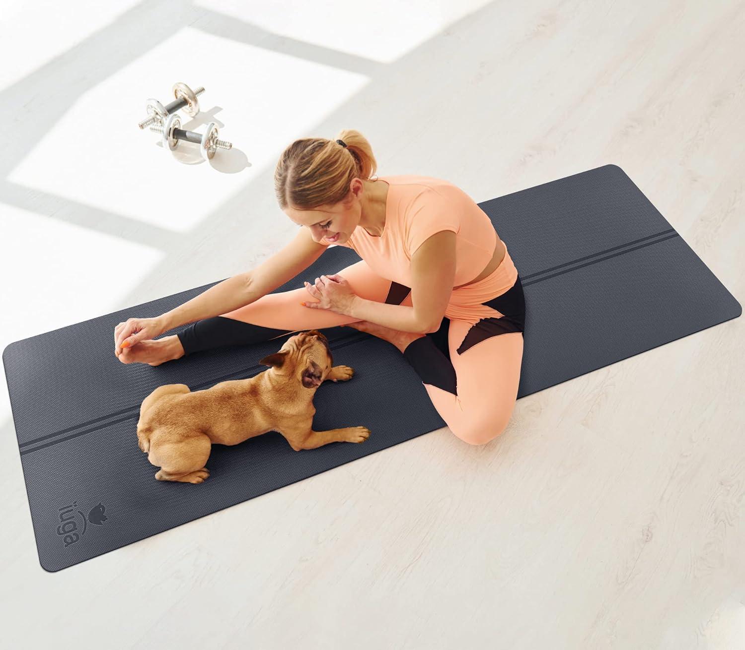 image:imageIUGA Eco Friendly Yoga Mat with Alignment Lines Free Carry Strap Non Slip TPE Yoga Mat for All Types of Yoga Extra Large Exercise and Fitness Mat Size 72X26X14