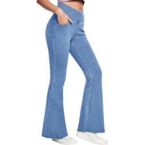 IUGA High Waisted Bell Bottom Jeans for Women Flare Stretchy Jeans V Cross Jeggings Pull On Wide Leg Jean Flare Leggings(Baby Blue)