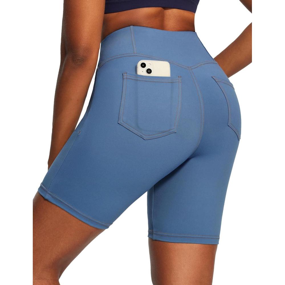 image:imageIUGA Biker Shorts Women 6 Tummy Control Workout Shorts Women with Pockets High Waisted Yoga Running Gym Spandex CompressionDenim Light Blue