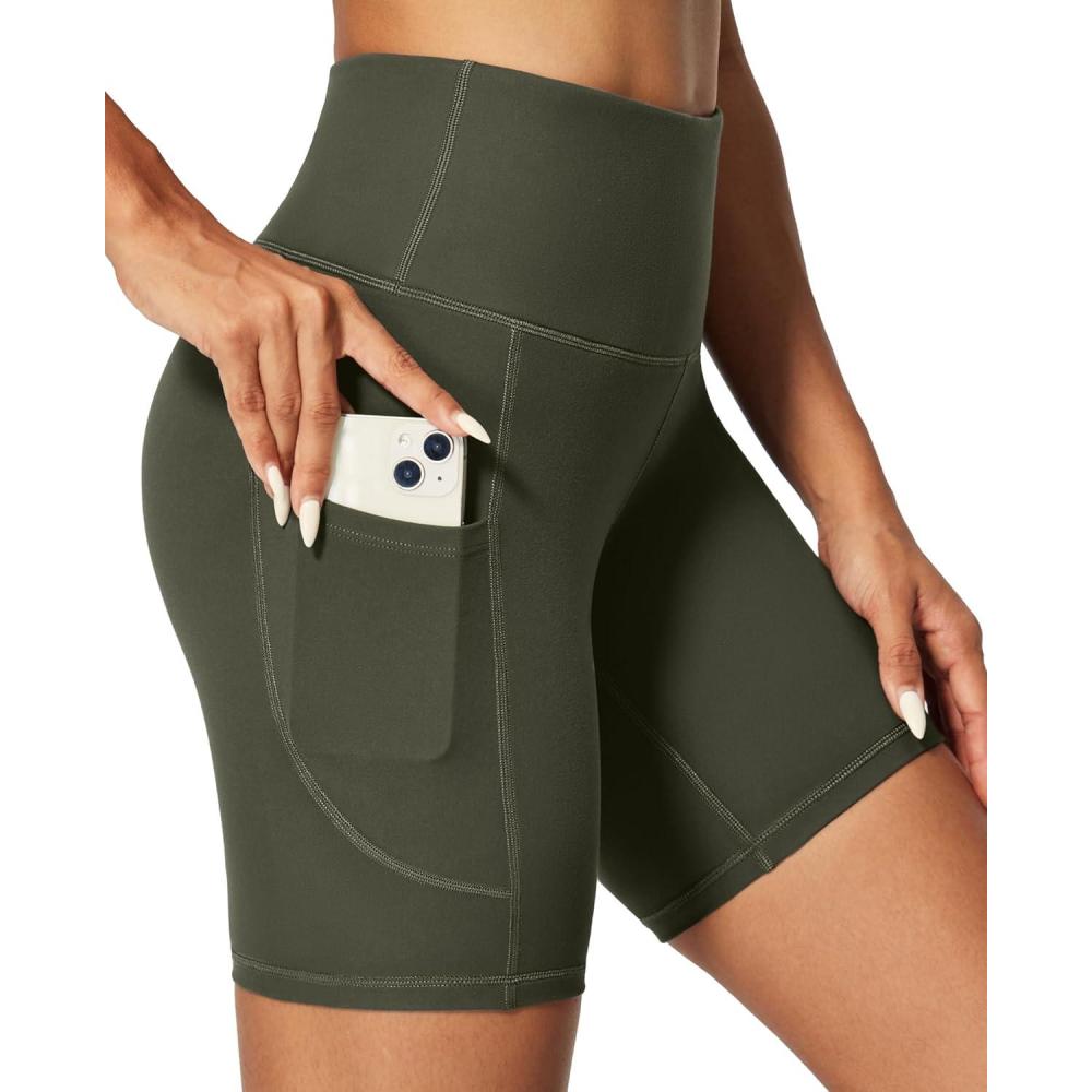 image:imageIUGA Biker Shorts Women 6 Tummy Control Workout Shorts Women with Pockets High Waisted Yoga Running Gym Spandex CompressionMoss Green