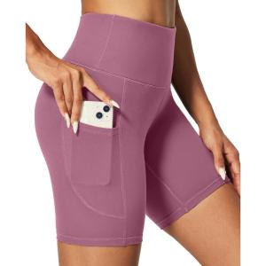 IUGA Biker Shorts Women 6″ Tummy Control Workout Shorts Women with Pockets High Waisted Yoga Running Gym Spandex Compression(Pale Red Violet)