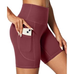 IUGA Biker Shorts Women 6″ Tummy Control Workout Shorts Women with Pockets High Waisted Yoga Running Gym Spandex Compression(Wine)