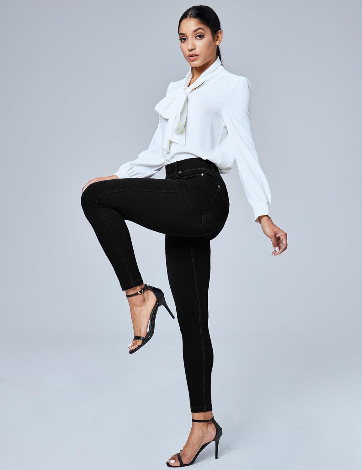 image:imageIUGA Stretchy Jeans for Women High Waist Pull on Jeggings Tummy Control Skinny Sweatpant Jean Leggings with Pockets TrendyBlack