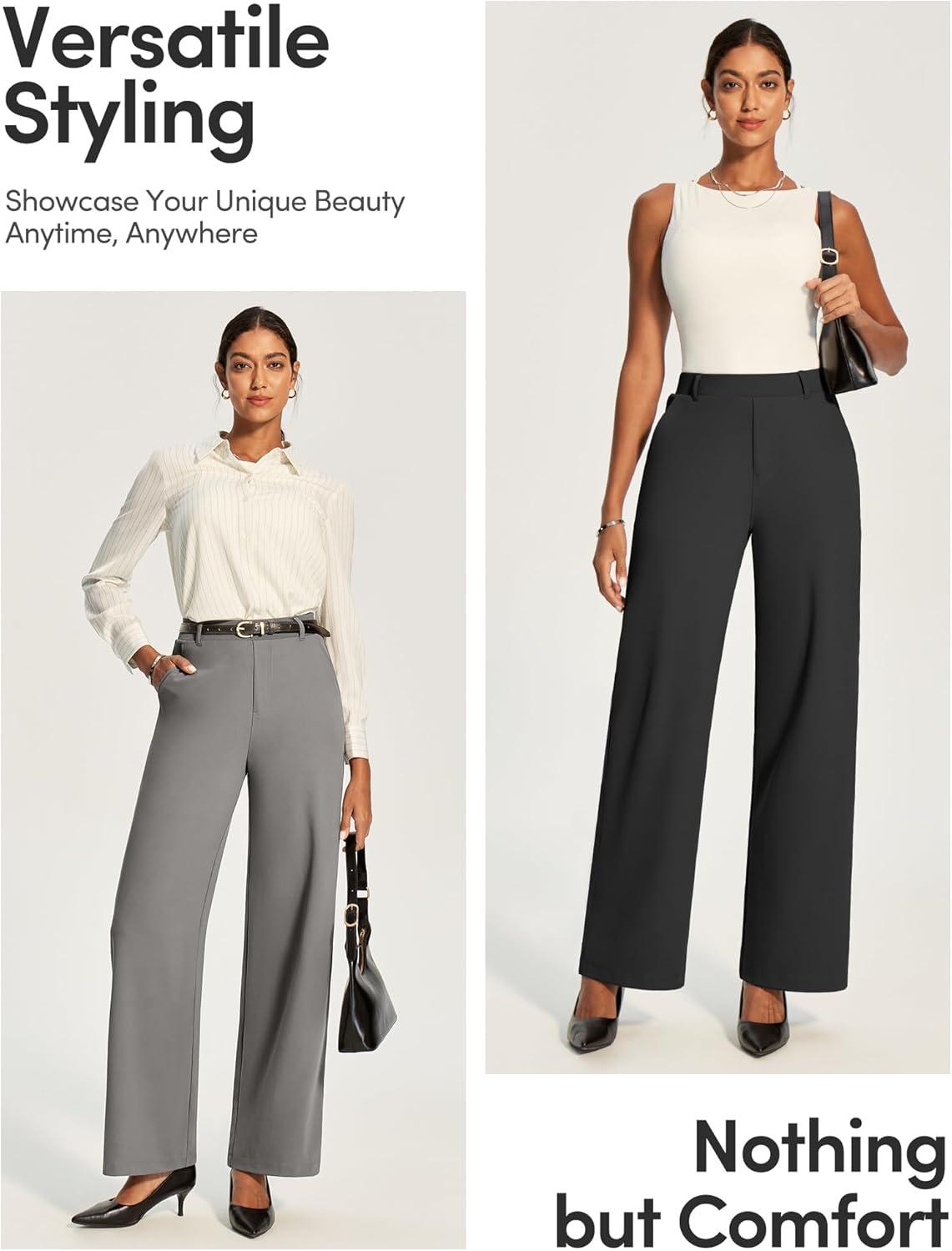 image:imageIUGA Womens Dress Pants Wide Leg Pull On Work Pants Women Stretchy High Waisted Business Casual Trousers Slacks with PocketsBlack