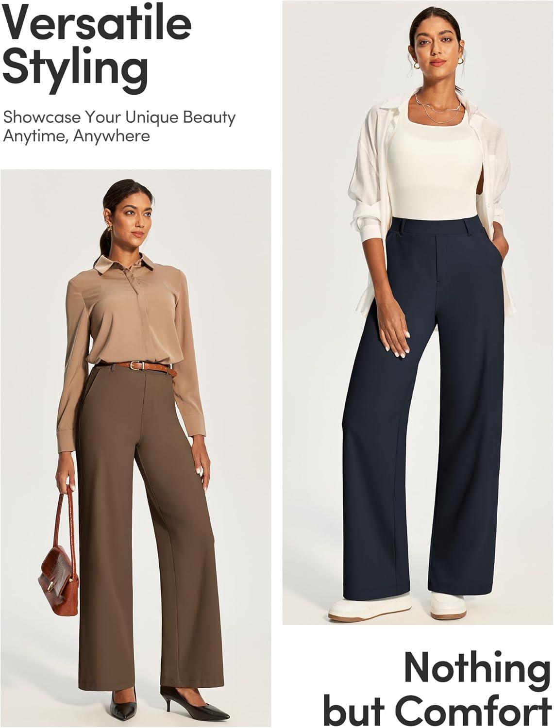 image:imageIUGA Womens Dress Pants Wide Leg Pull On Work Pants Women Stretchy High Waisted Business Casual Trousers Slacks with PocketsBrown