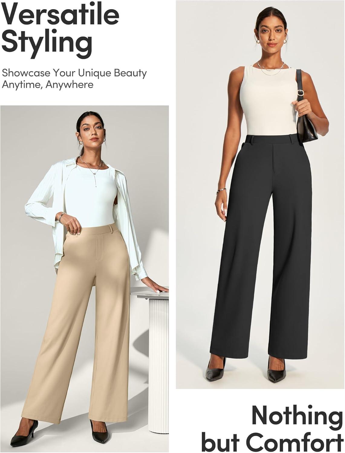 image:imageIUGA Womens Dress Pants Wide Leg Pull On Work Pants Women Stretchy High Waisted Business Casual Trousers Slacks with PocketsKhaki