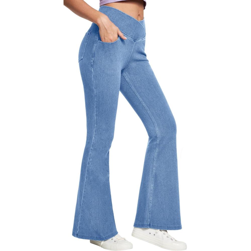 image:imageIUGA Stretchy Jeans for Women Bell Bottom Jeans V Cross High Waisted Jeggings Pull On Wide Leg Sweatpant Jean Flare LeggingsBaby Blue