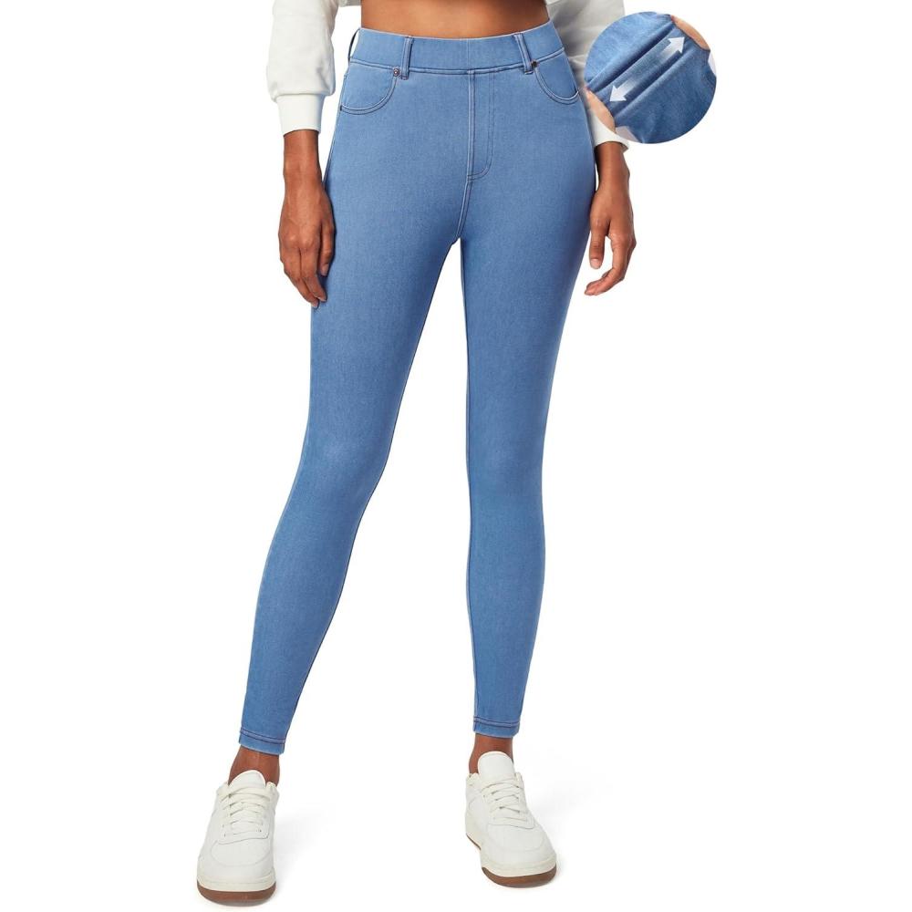 image:imageIUGA Stretchy Jeans for Women High Waist Pull on Jeggings Tummy Control Skinny Sweatpant Jean Leggings with Pockets TrendyBaby Blue