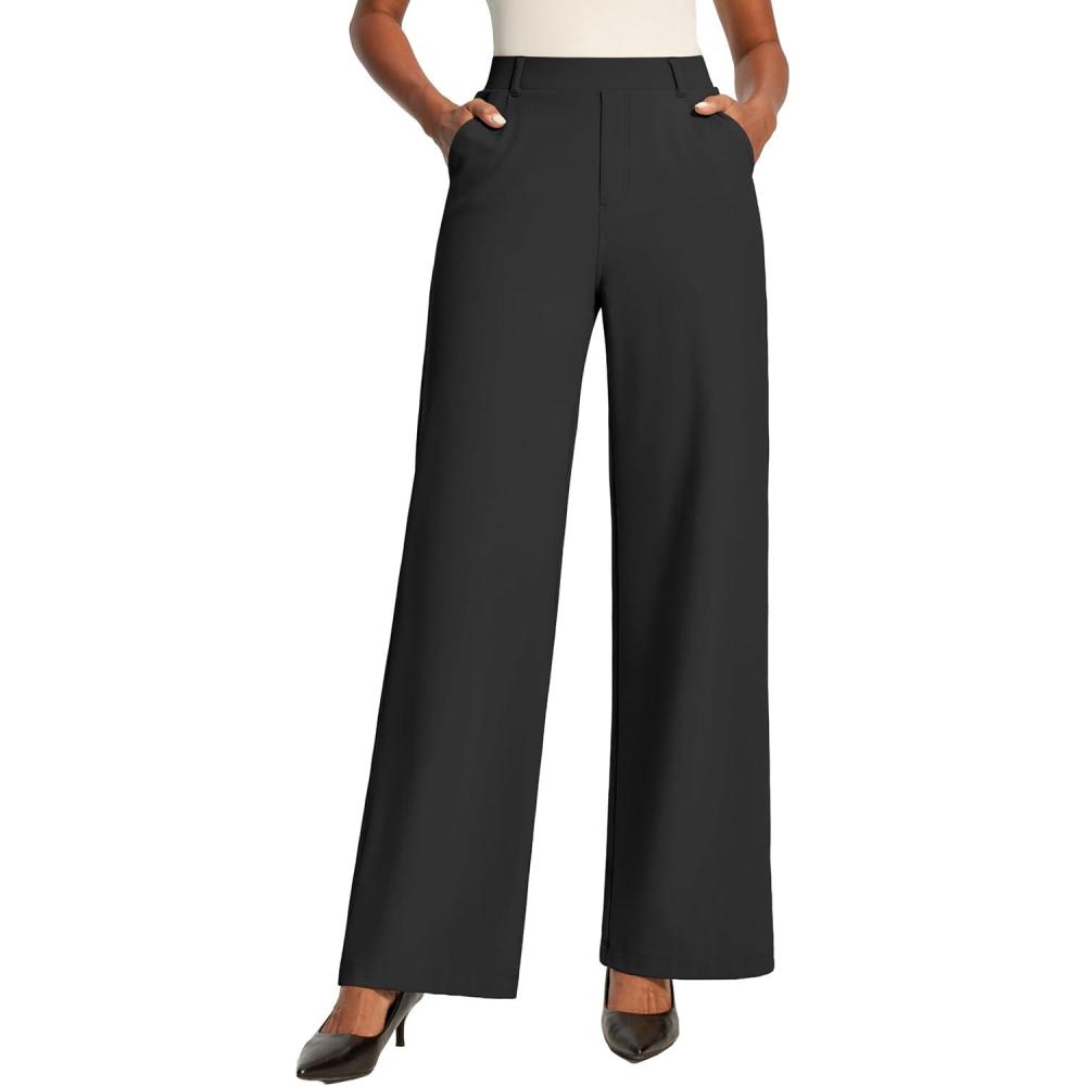 image:imageIUGA Womens Dress Pants Wide Leg Pull On Work Pants Women Stretchy High Waisted Business Casual Trousers Slacks with PocketsBlack